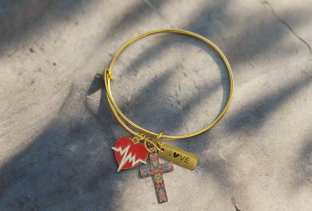 3 Charm Cross Heart Love Gold Tone Bracelet