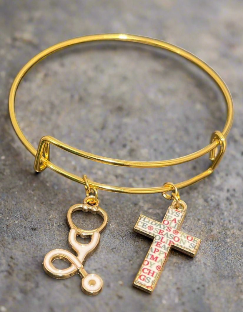 Gold Tone Nurse Stethoscope Holiday Cross bracelet