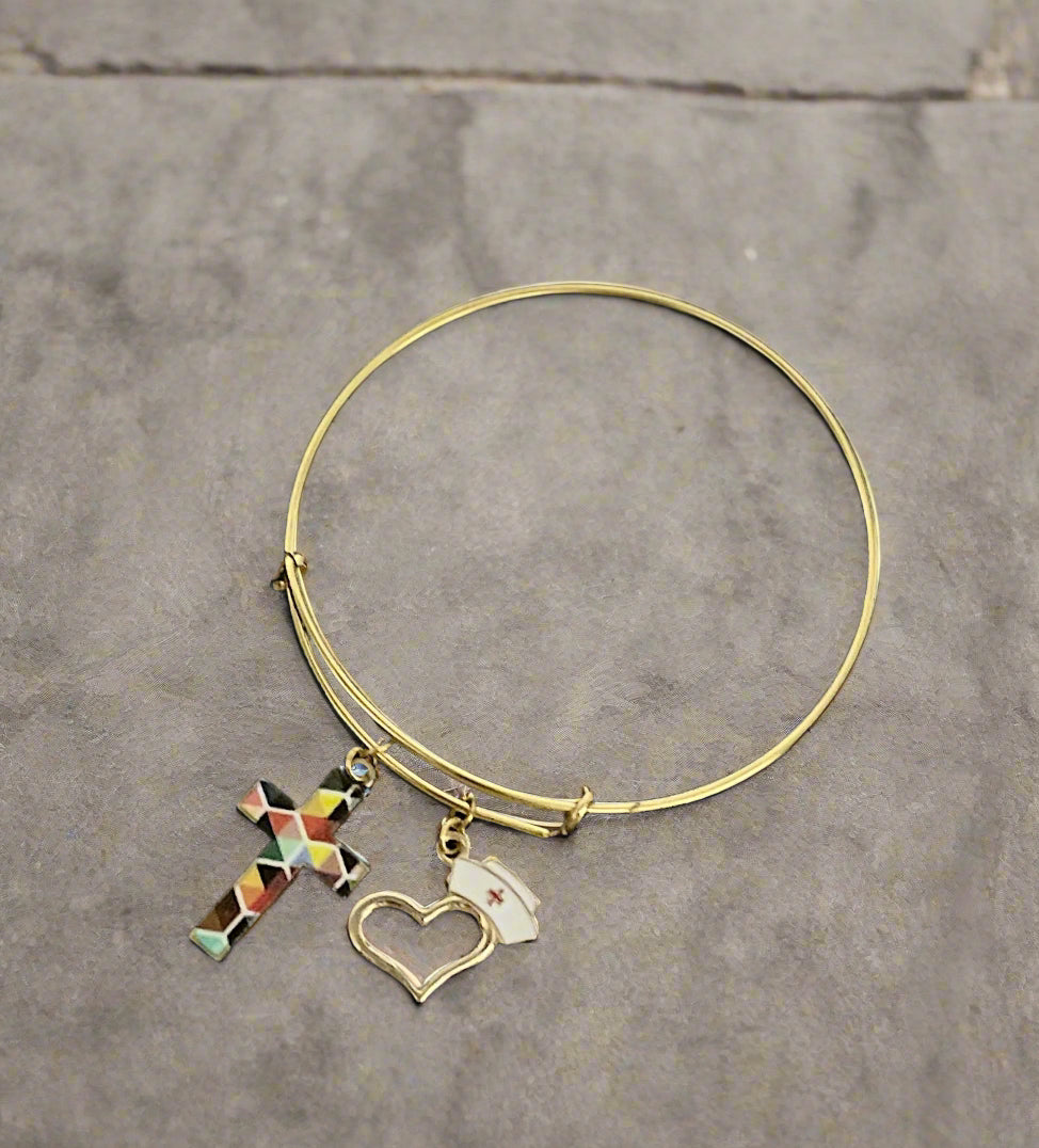 Multicolored Cross and Heart Hat Gold Tone Bracelet