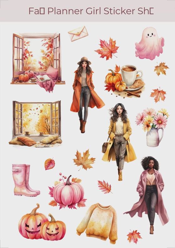 🍂 Fall Planner Girl Sticker Sheet | Printable Planner Stickers | Cozy Autumn Digital Stickers | Instant Download